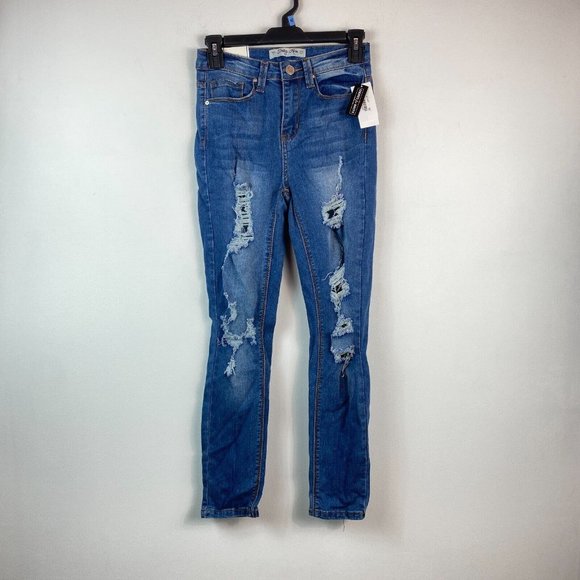 Indigo Rein Juniors 1 Blue Ripped High Rise Skinny Ankle Jeggings NWT AM80 - Picture 2 of 7